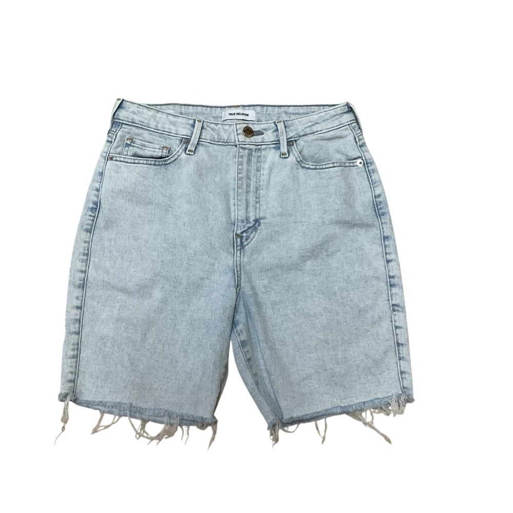 True Religion Women's Size 29W Denim Mid Rise Cut Off Short Light Wash Raw Hem